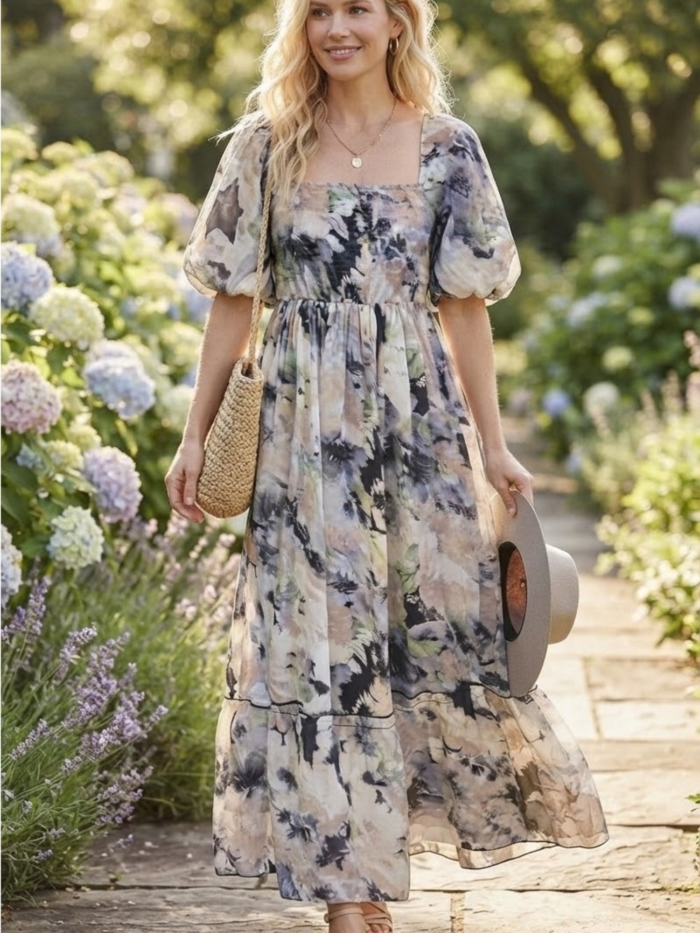 Pologram Floral Smocked Puff Sleeve Maxi Dress Tiered Long Boho Cottagecore S